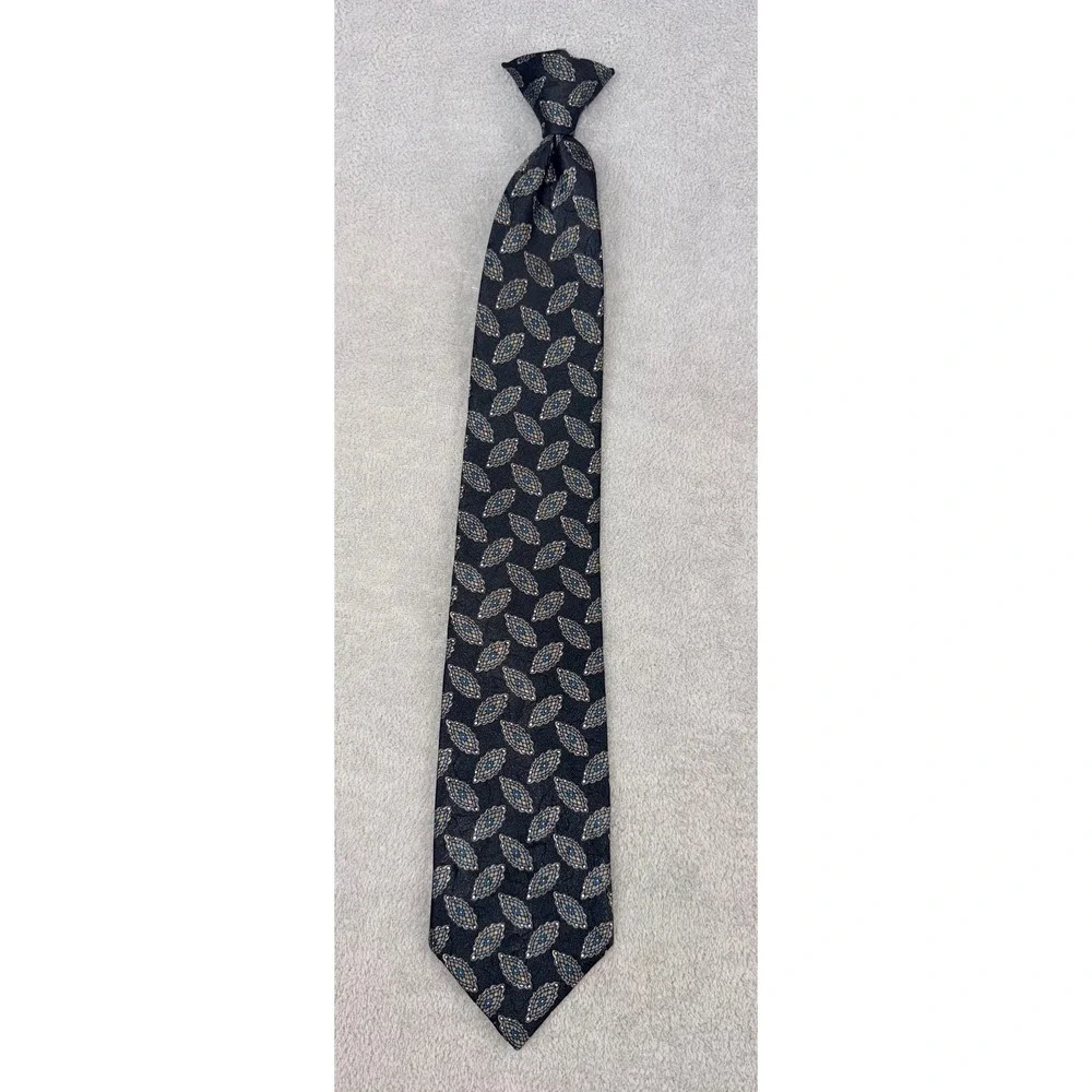 Wembley Mens Vintage Clip On Necktie Black Blue Gold Geometric Medallion Pattern